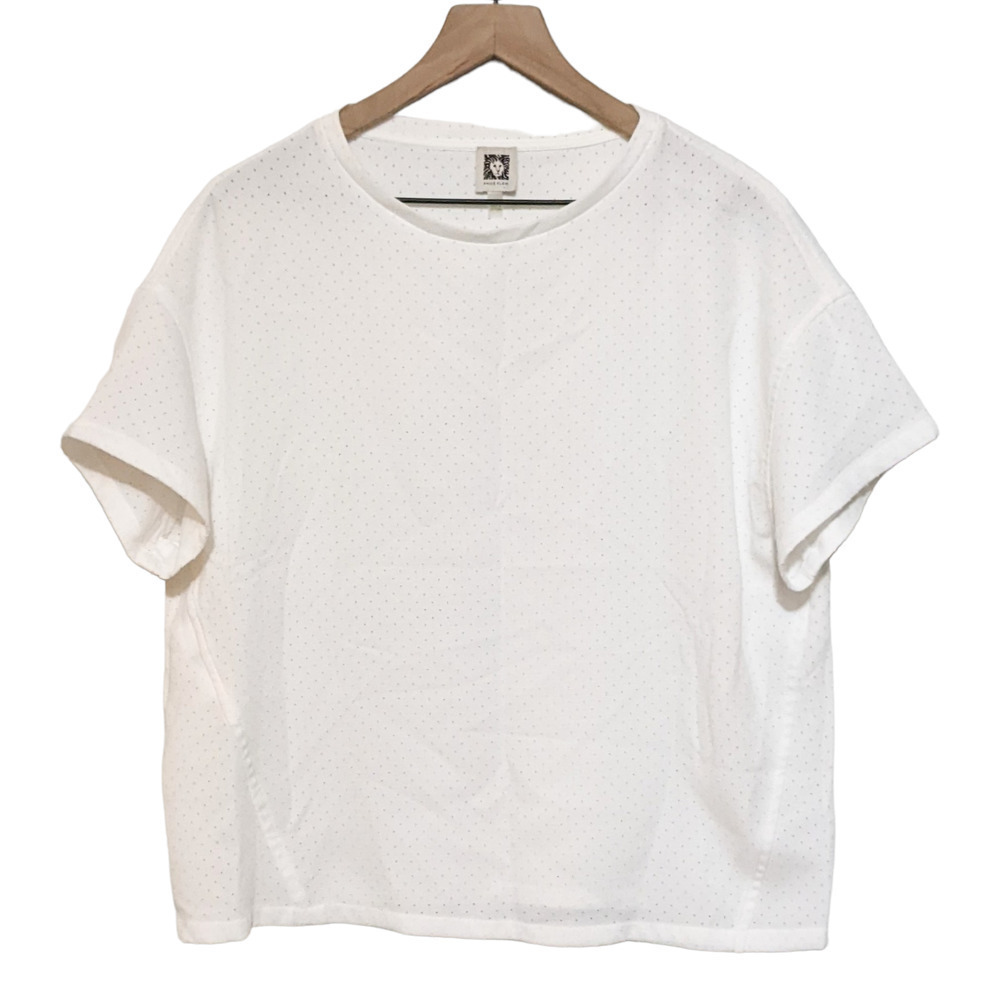 Anne Klein 8 White Perforated Dots Short Sleeve Crew Neck Blouse Top Pullover